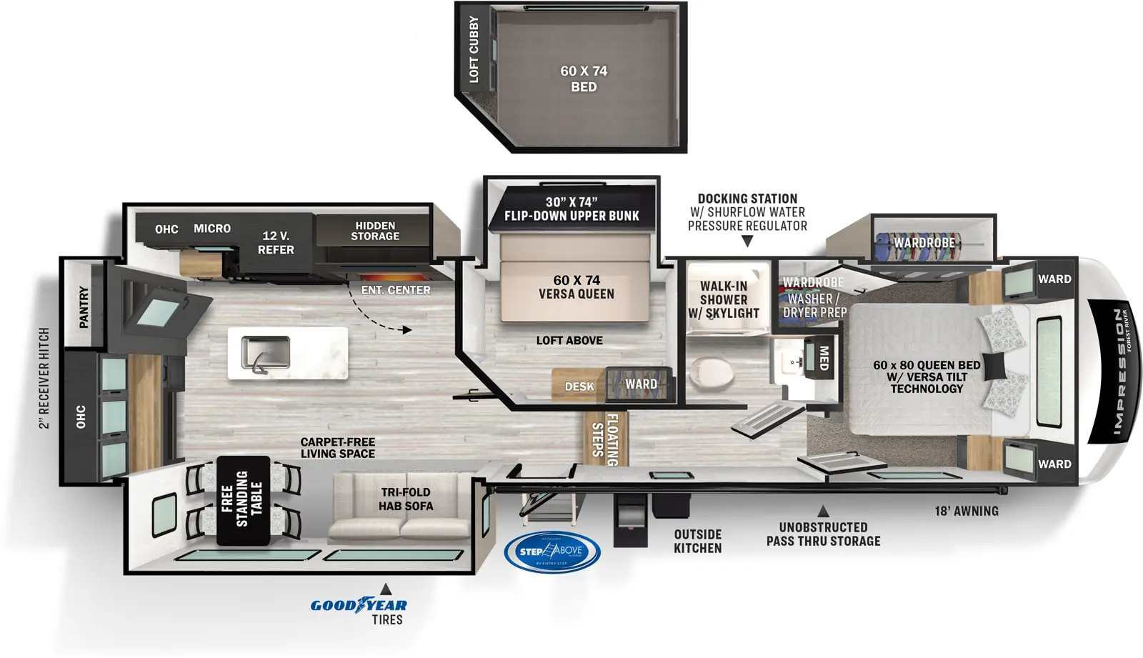 The 315MB has four slideouts and one entry. Exterior features 18 foot awning, unobstructed pass-thru storage, docking station with shurflow water pressure regulator, goodyear tires, MORryde Step Above Entry Steps, outside kitchen, and two inch receiver hitch. Interior layout front to back: front queen bed with wardrobes on either side, off-door side wardrobe slideout, and wardrobe with washer/dryer prep; off-door side aisle bathroom with walk-in shower with skylight and medicine cabinet; ladder to loft area above bunk room featuring bed and loft cubby; floating steps down to living area with carpet-free living space and entry door; off-door side bunk room with versa bed slideout with upper flip down bunk and opposing desk and wardrobe; off-door side slideout with TV and soundbar, 12 volt refrigerator, cooktop, stove, microwave and overhead cabinets; door side slideout with tri-fold hide-a-bed sofa and free standing table and chairs; rear cabinets and pantry; kitchen island with sink.